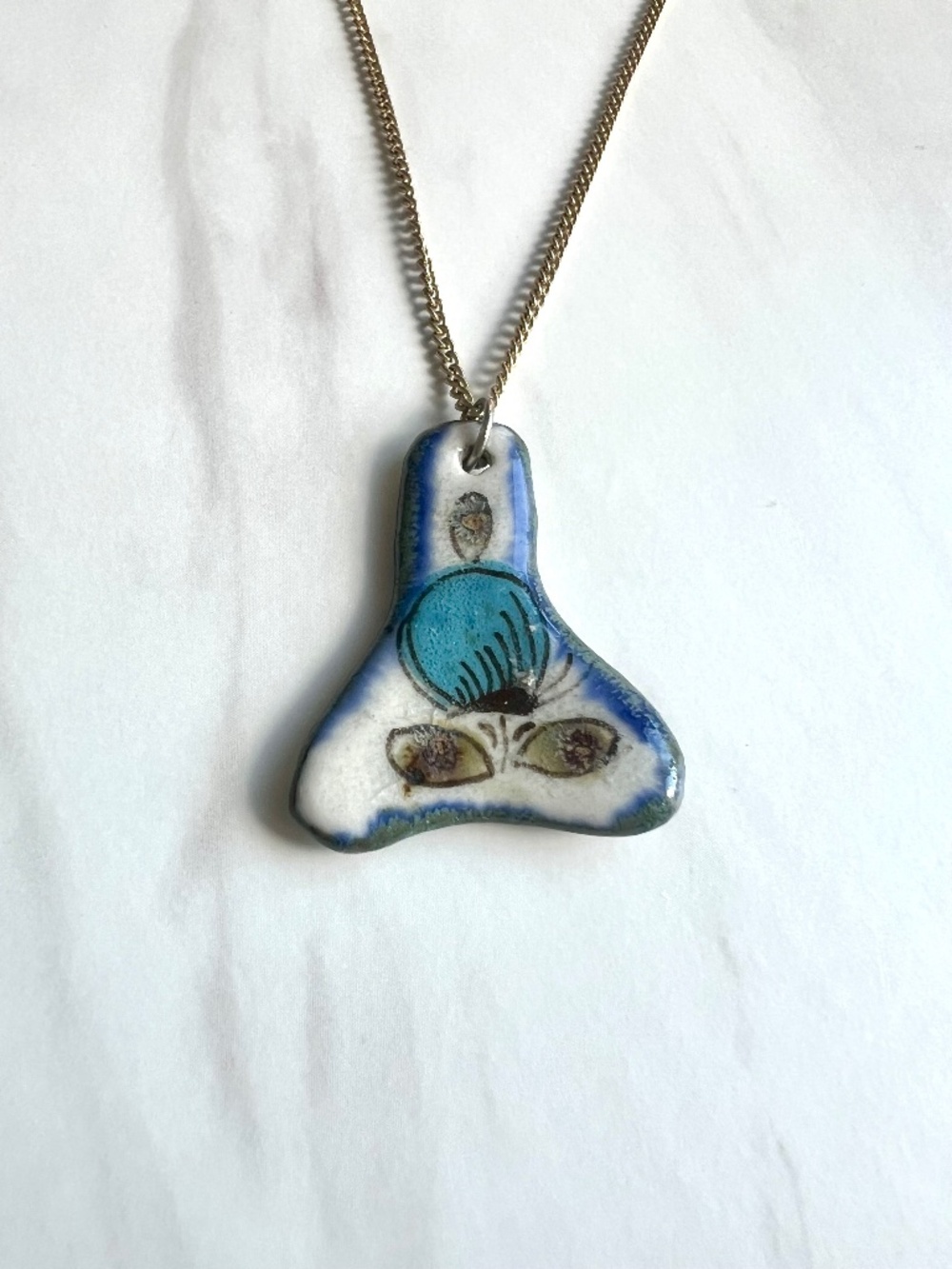 Vintage Whale Tail Pendant Pottery Necklace Hand Painted Ceramic Jewelry